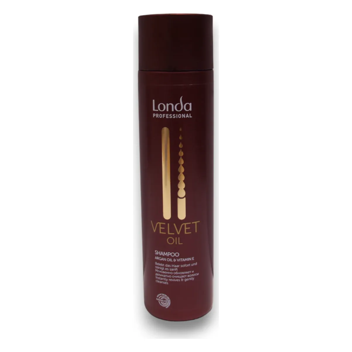 Șampon Londa Professional Velvet Oil 250 ml Flacon bordo de șampon Londa Professional Velvet Oil, cu capac asortat, văzut din față
