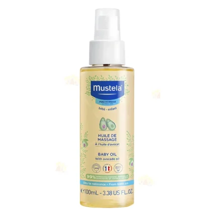 Flacon alb cu pulverizator de ulei de masaj Mustela cu avocado, 100 ml