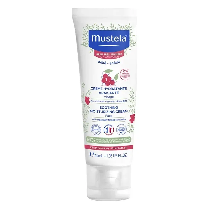 Cremă calmantă pentru față Mustela 40 ml Tub alb de cremă hidratantă calmantă Mustela pentru față, 40 ml, cu capac alb