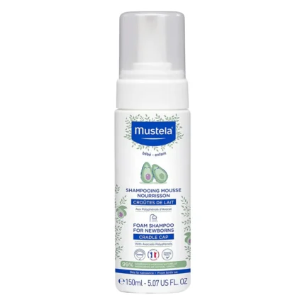 Flacon alb cu pompiță de șampon spumă Mustela pentru nou-născuți, 150 ml