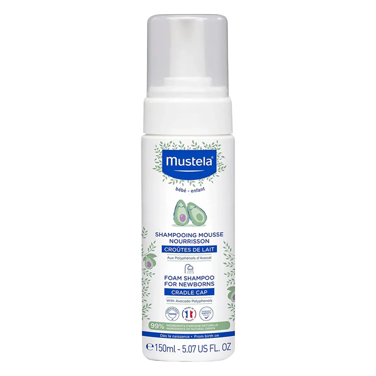 Șampon spumă pentru nou-născuți Mustela 150 ml Flacon alb cu pompiță de șampon spumă Mustela pentru nou-născuți, 150 ml