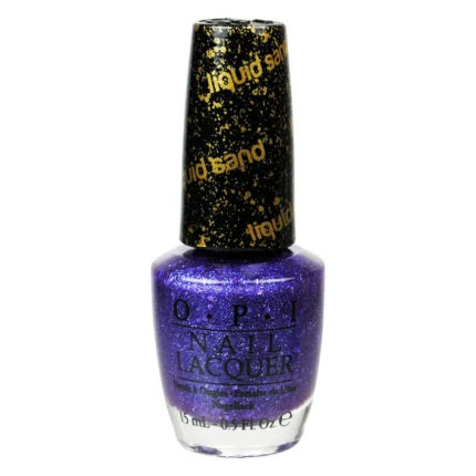 Flacon de lac de unghii OPI mov cu sclipici, cu capac negru inscripționat liquid sand