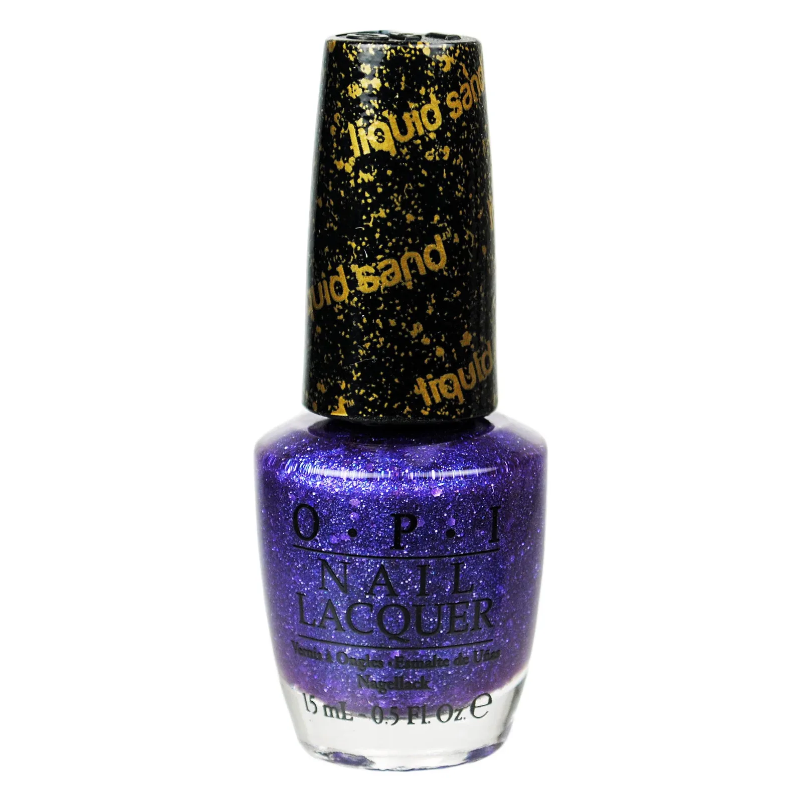Lac de unghii OPI Can't Let Go NL M47, 15 ml Flacon de lac de unghii OPI mov cu sclipici, cu capac negru inscripționat liquid sand
