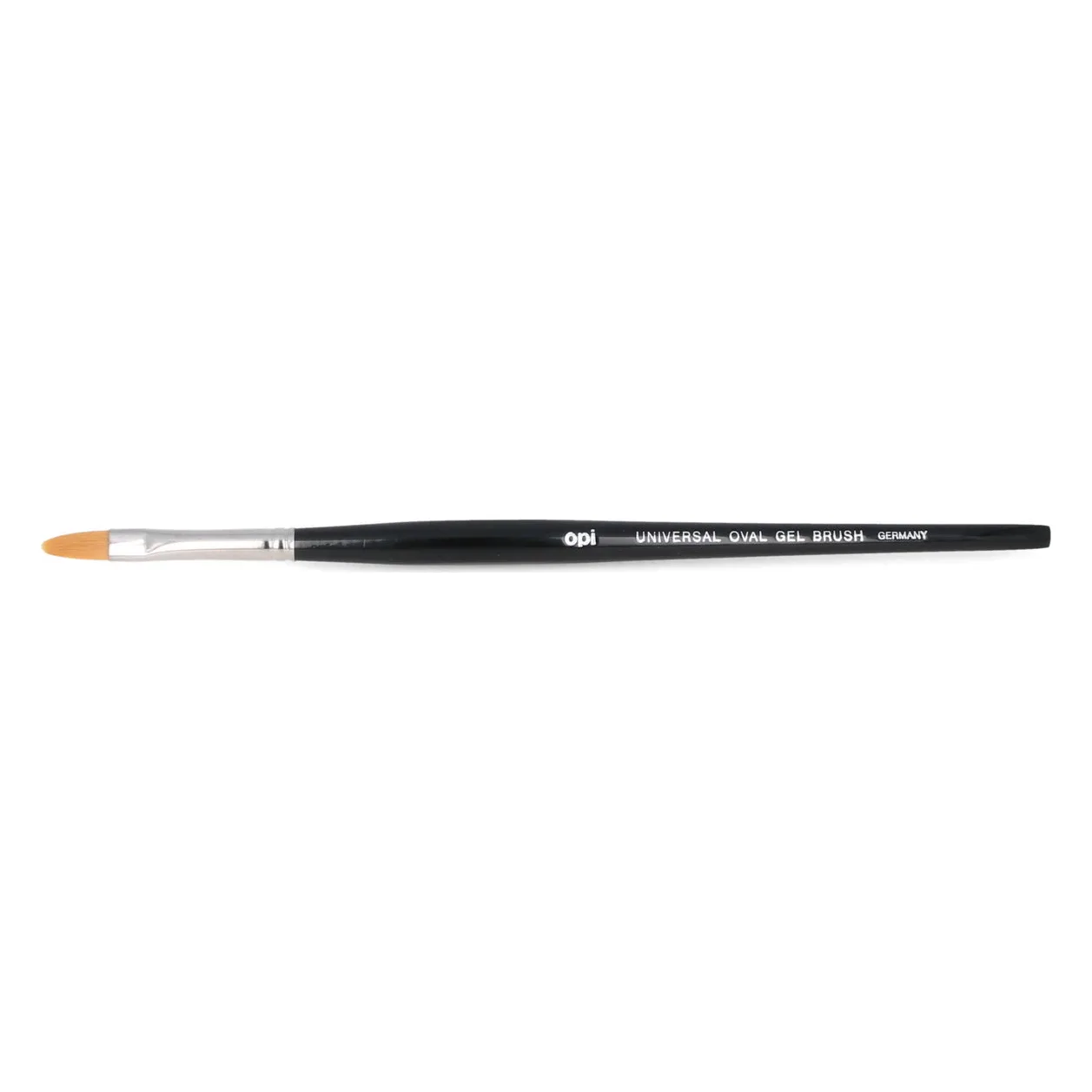 Pensulă pentru gel OPI Universal Oval Gel Brush #6 Pensulă cu mâner negru și vârf oval din fire chihlimbarii, cu inscripția UNIVERSAL OVAL GEL BRUSH