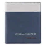 Portcard Piquadro Urban închis, piele albastră cu bandă gri și logo alb