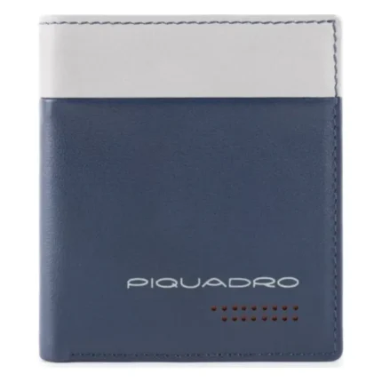 Portcard Piquadro Urban închis, piele albastră cu bandă gri și logo alb