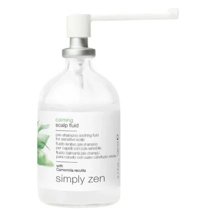 Cutie albă și flacon de sticlă Simply Zen Calming Scalp Fluid de 100 ml, cu pulverizator