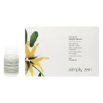 Cutie albă cu floare galbenă Simply Zen dandruff benefit serum și o fiolă de sticlă de 5 ml