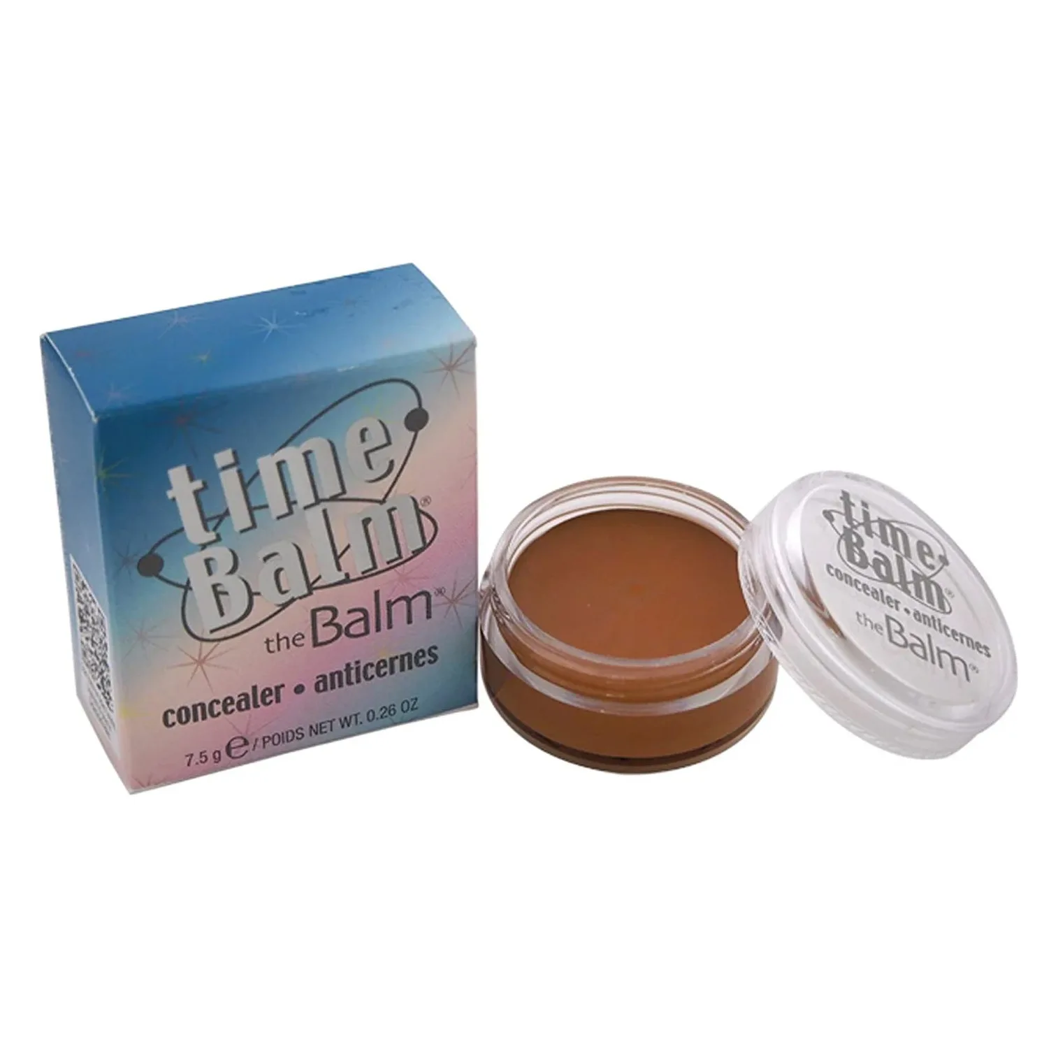 Corector The Balm timeBalm Just Before Dark 7,5 g Cutie timeBalm și borcănel transparent deschis, cu pastă maro caldă și capacul alături