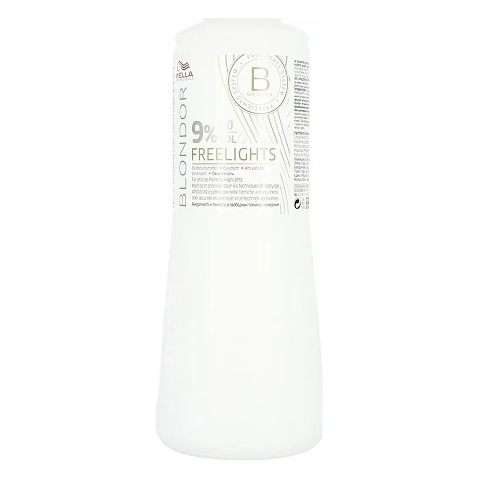 Loțiune oxidantă Wella Blondor Freelights 9% 1000 ml Flacon alb de un litru cu loțiune oxidantă Wella Blondor Freelights, marcat 9%