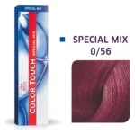 Cutie albastră Wella Color Touch Special Mix lângă mostra de culoare mahon violet a nuanței 0/56