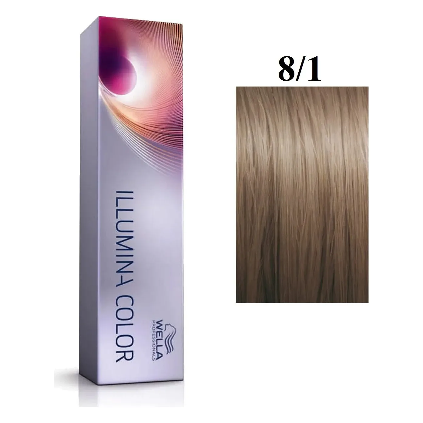 Vopsea Wella Illumina Color 8/1 blond deschis cenușiu 60 ml Cutie argintie Wella Illumina Color și mostră de păr blond deschis cenușiu, marcată 8/1