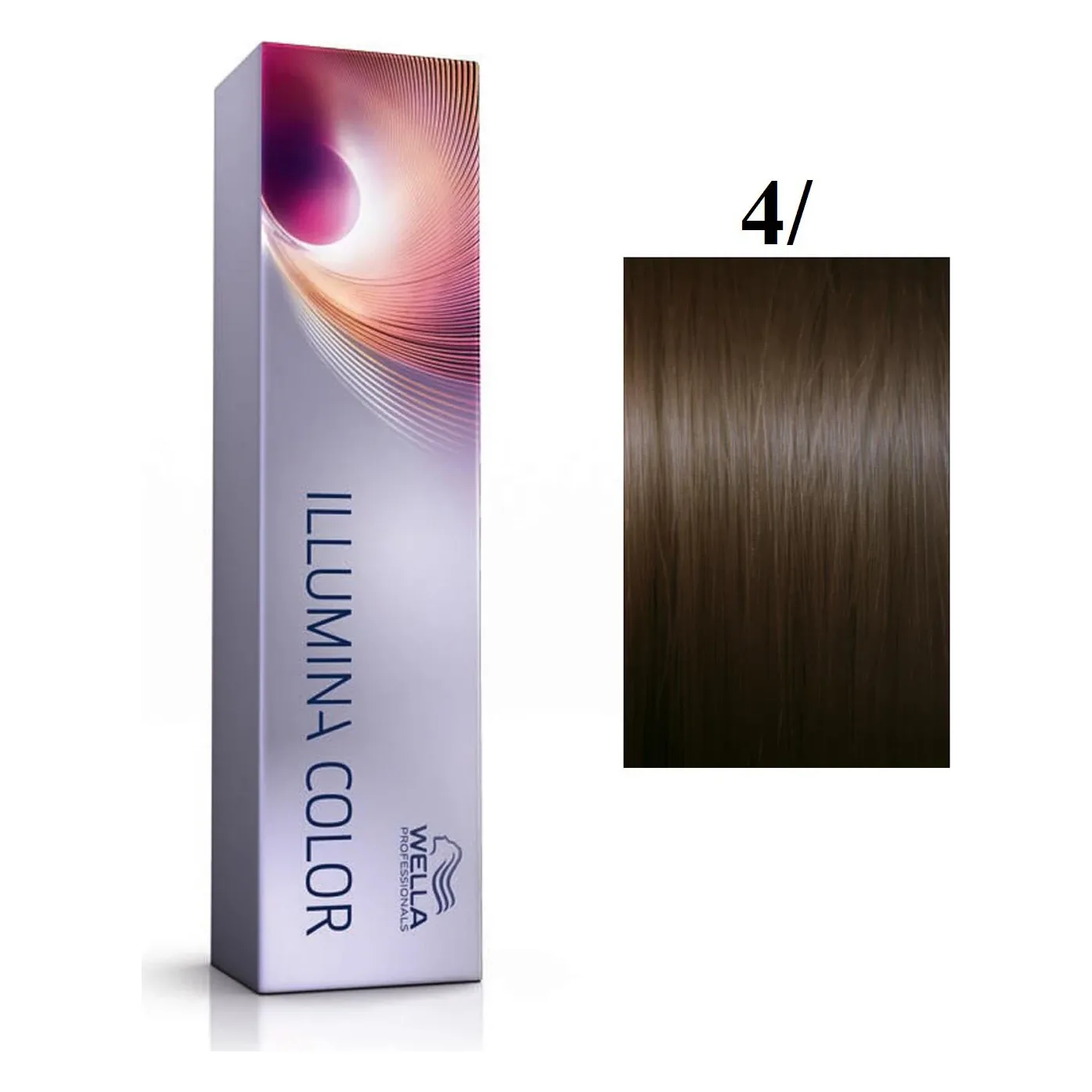 Vopsea Wella Illumina Color 4/ castaniu mediu 60 ml Cutie Wella Illumina Color și mostră de păr castaniu mediu, marcată 4/