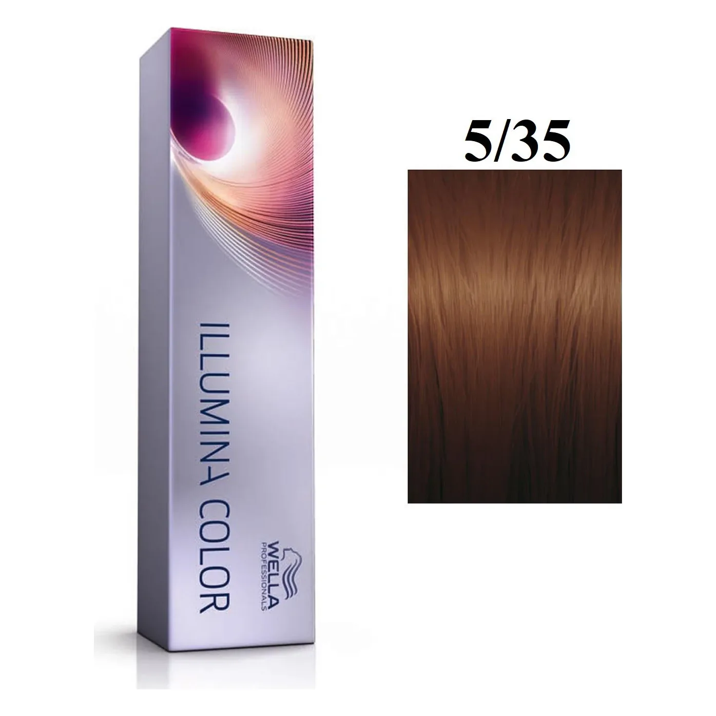 Vopsea Wella Illumina Color 5/35 castaniu deschis auriu mahon 60 ml Cutie argintie Wella Professionals Illumina Color și mostră de păr castaniu deschis auriu mahon, nuanța 5/35