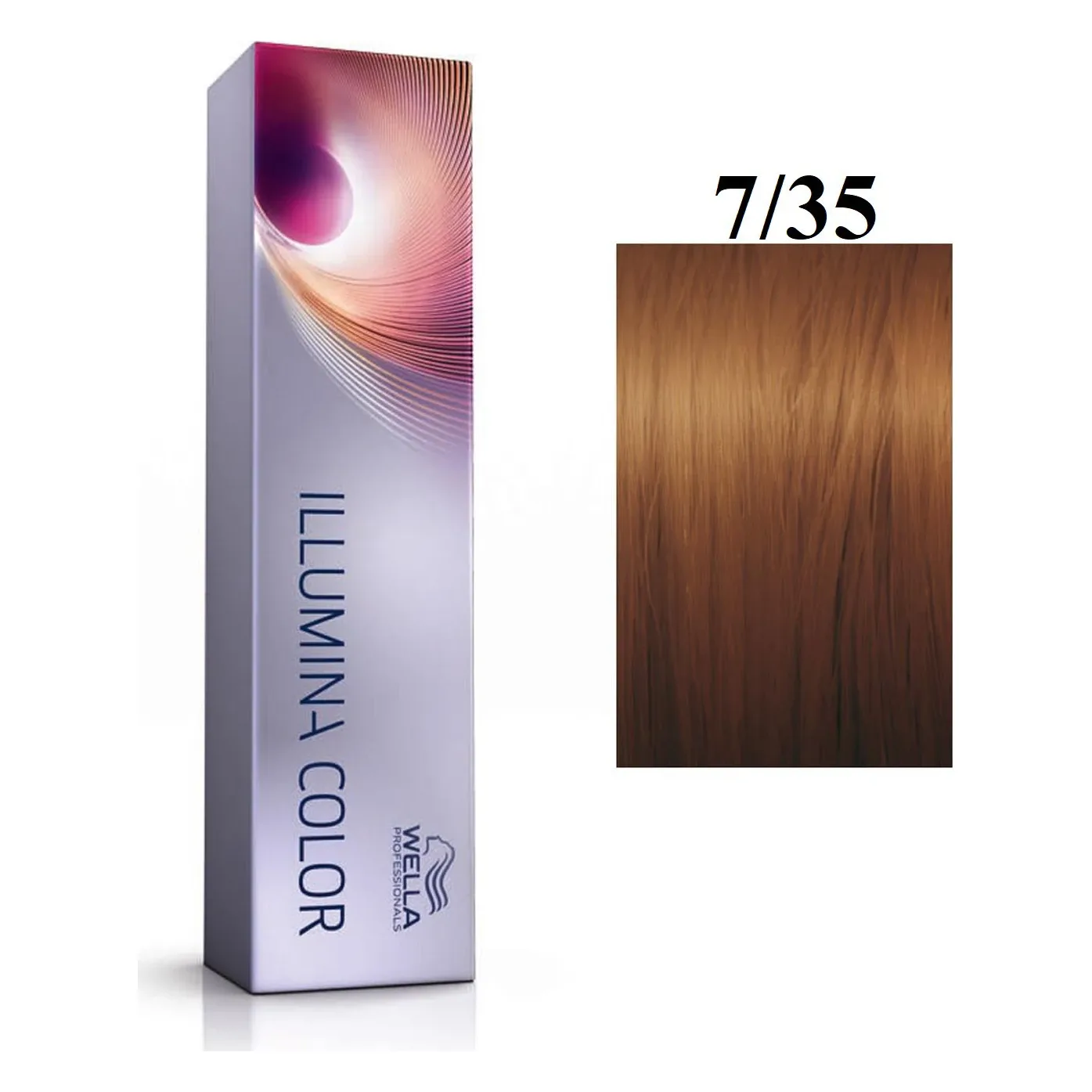 Vopsea Wella Illumina Color 7/35 blond mediu auriu mahon 60 ml Cutie Wella Illumina Color și mostră de păr blond auriu mahon, marcată 7/35