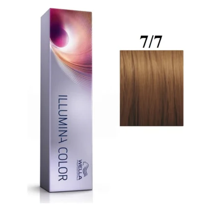 Cutie argintie Wella Professionals Illumina Color și mostră de păr blond mediu maro, marcată 7/7
