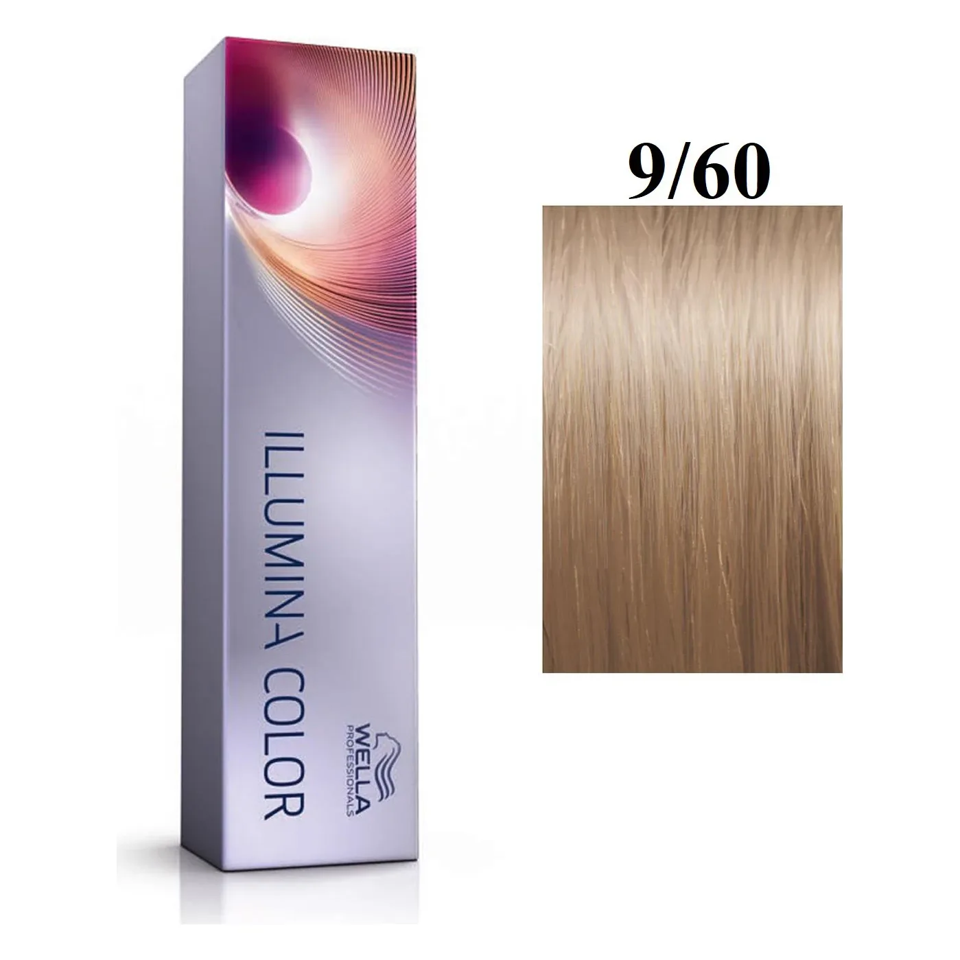 Vopsea Wella Illumina Color 9/60 blond luminos violet natural 60 ml Cutie argintie Wella Professionals Illumina Color și mostră de păr blond deschis, marcată 9/60