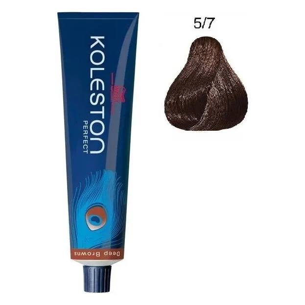 Vopsea Wella Koleston Perfect 5/7 Deep Browns 60 ml Tub albastru Koleston Perfect Deep Browns lângă mostra de păr castaniu a nuanței 5/7