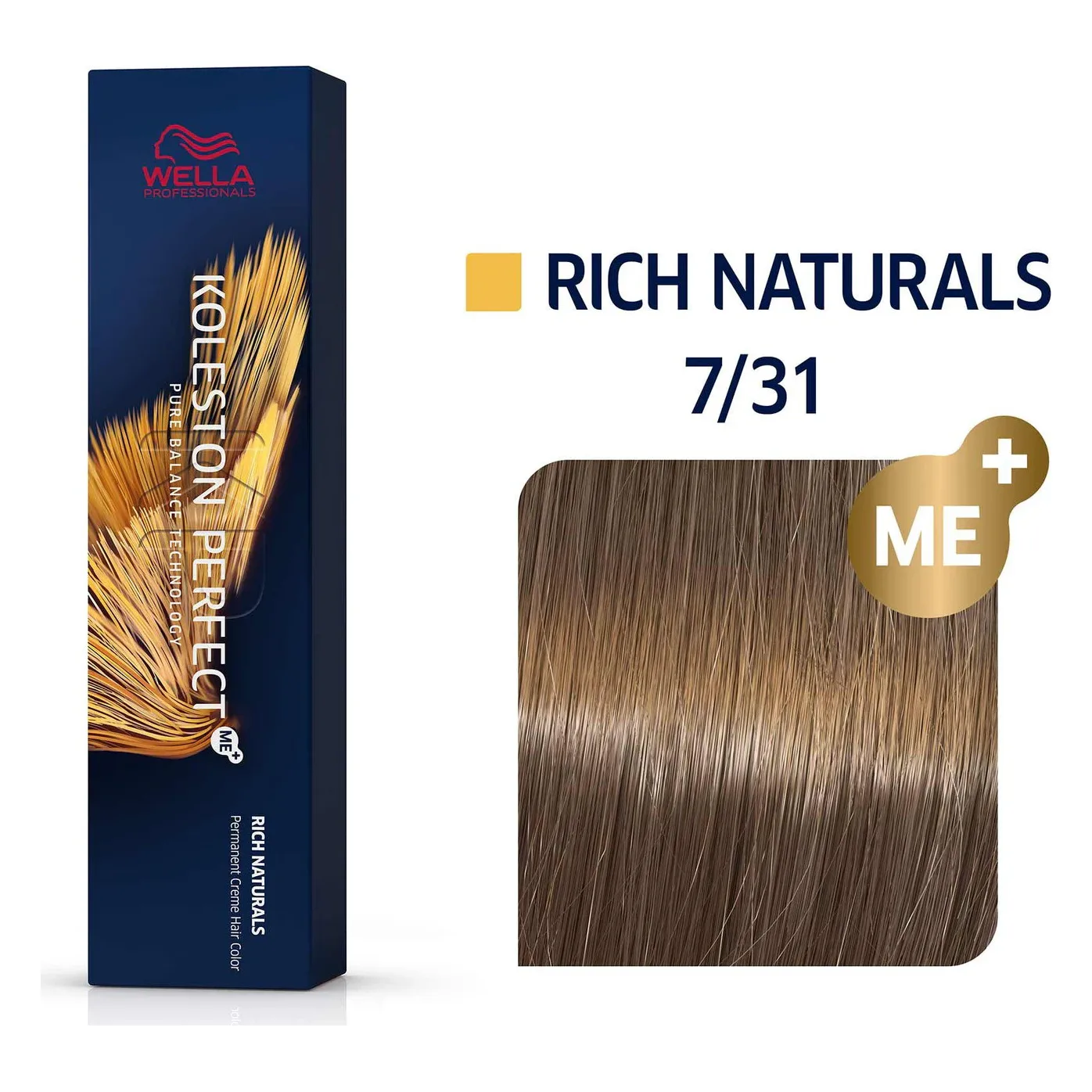 Vopsea de păr Wella Koleston Perfect ME+ 7/31, 60 ml Cutie albastru închis Wella Koleston Perfect ME+ Rich Naturals, alături de mostra de culoare blond auriu și codul 7/31