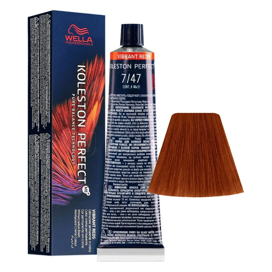Vopsea de păr Wella Koleston Perfect ME+ 7/47, 60 ml Cutie și tub Wella Koleston Perfect ME+ Vibrant Reds 7/47 de 60 ml, lângă mostra de culoare roșu castaniu