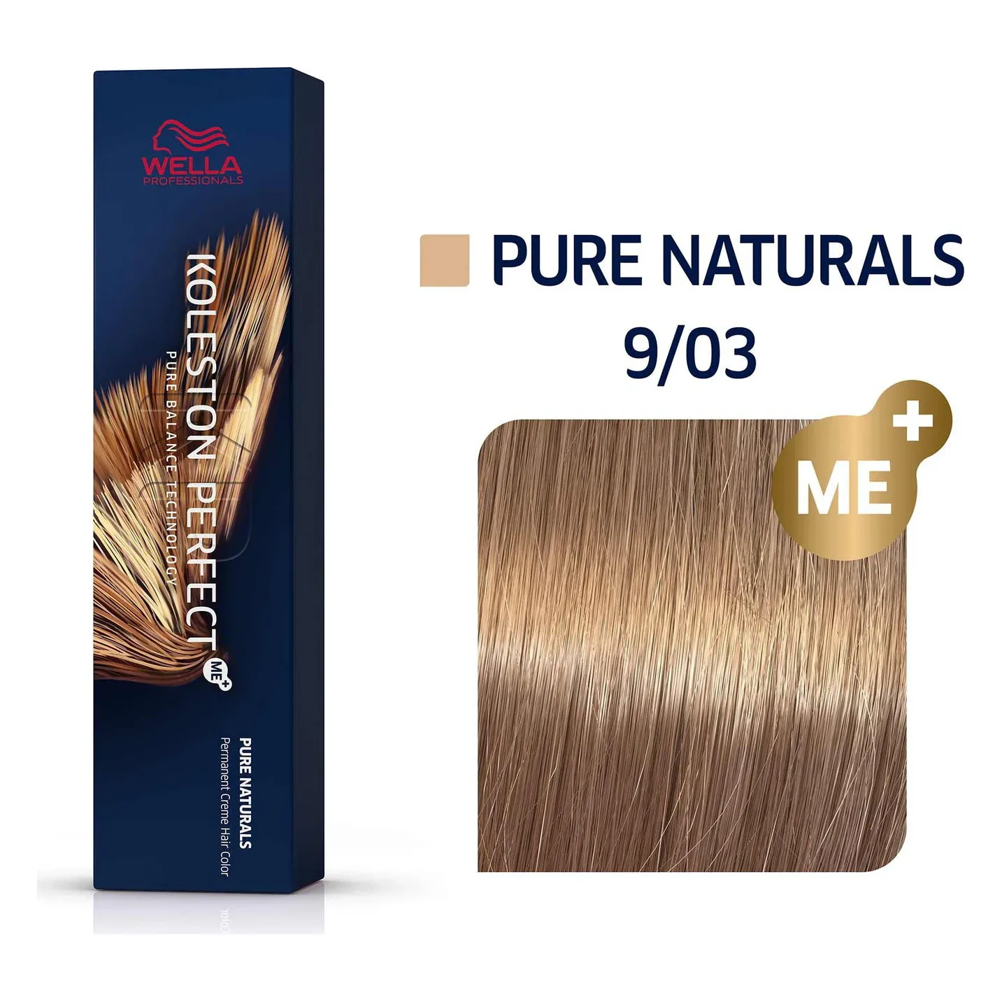 Wella Koleston Perfect ME+ 9/03 Pure Naturals 60 ml Cutia albastră Wella Koleston Perfect ME+ 9/03 Pure Naturals lângă mostra de blond auriu