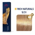 Cutia albastră Koleston Perfect ME+ Rich Naturals lângă mostra de culoare 9/31, cu insigna ME+