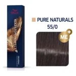 Cutie albastră Koleston Perfect ME+ Pure Naturals lângă mostra de culoare castaniu deschis a nuanței 55/0