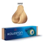 Cutie albastră Koleston Perfect Pure Naturals cu pană de păun și mostră de păr blond auriu