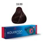 Cutie albastră Koleston Perfect Vibrant Reds cu pană de păun, mostră de păr castaniu închis și codul 33/55