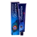 Cutie și tub Koleston Perfect de la Wella Professionals, ambalajul albastru cu pana de păun, pe fundal alb