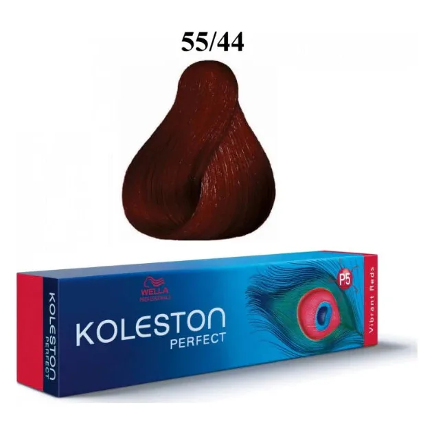 Vopsea de păr Wella Koleston Perfect 55/44 roșu intens 60 ml Tub Koleston Perfect Vibrant Reds cu pană de păun și mostră de păr castaniu roșcat