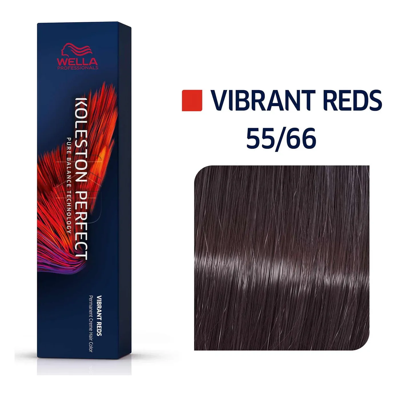 Vopsea Koleston Perfect 55/66 Wella Professionals 60 ml Cutie bleumarin Koleston Perfect Vibrant Reds și mostră de păr castaniu cu reflex violet