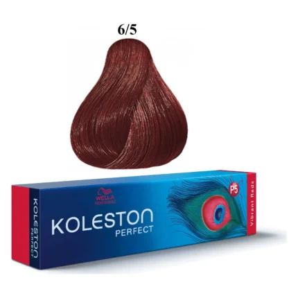 Cutie albastră Koleston Perfect Vibrant Reds lângă mostra de culoare a nuanței 6/5