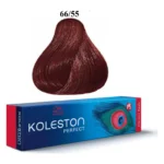 Cutie albastră Koleston Perfect Vibrant Reds 66/55 lângă mostra de culoare roșu mahon