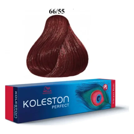 Cutie albastră Koleston Perfect Vibrant Reds 66/55 lângă mostra de culoare roșu mahon