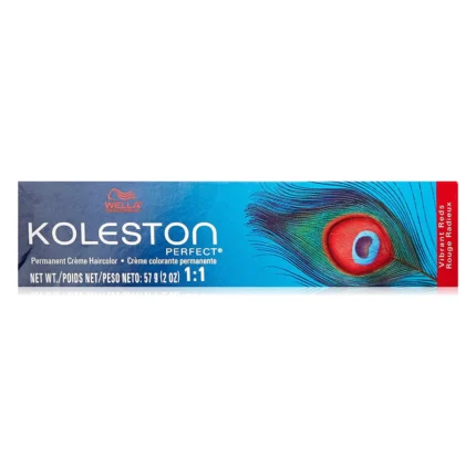 Cutie albastră Wella Koleston Perfect cu pană de păun și banda Vibrant Reds, văzută din față