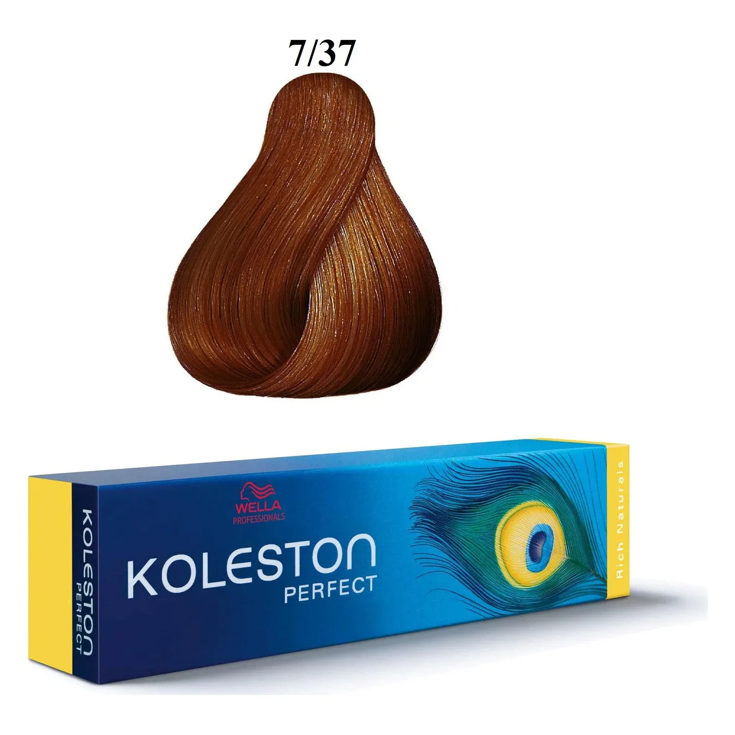 Vopsea de păr Wella Koleston Perfect 7/37, 60 ml Cutie albastră Wella Koleston Perfect cu banda Rich Naturals și mostră de păr blond auriu
