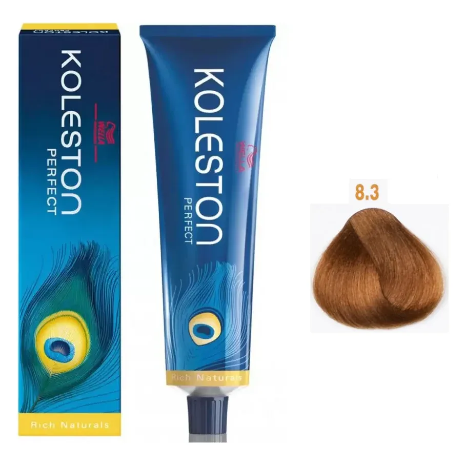 Vopsea Wella Koleston Perfect 8/3 blond deschis auriu 60 ml Cutia și tubul de vopsea Wella Koleston Perfect Rich Naturals, alături de mostra de culoare a nuanței 8.3