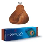 Cutie albastră Koleston Perfect cu banda Deep Browns și mostra de păr blond roșcat a nuanței 8/74