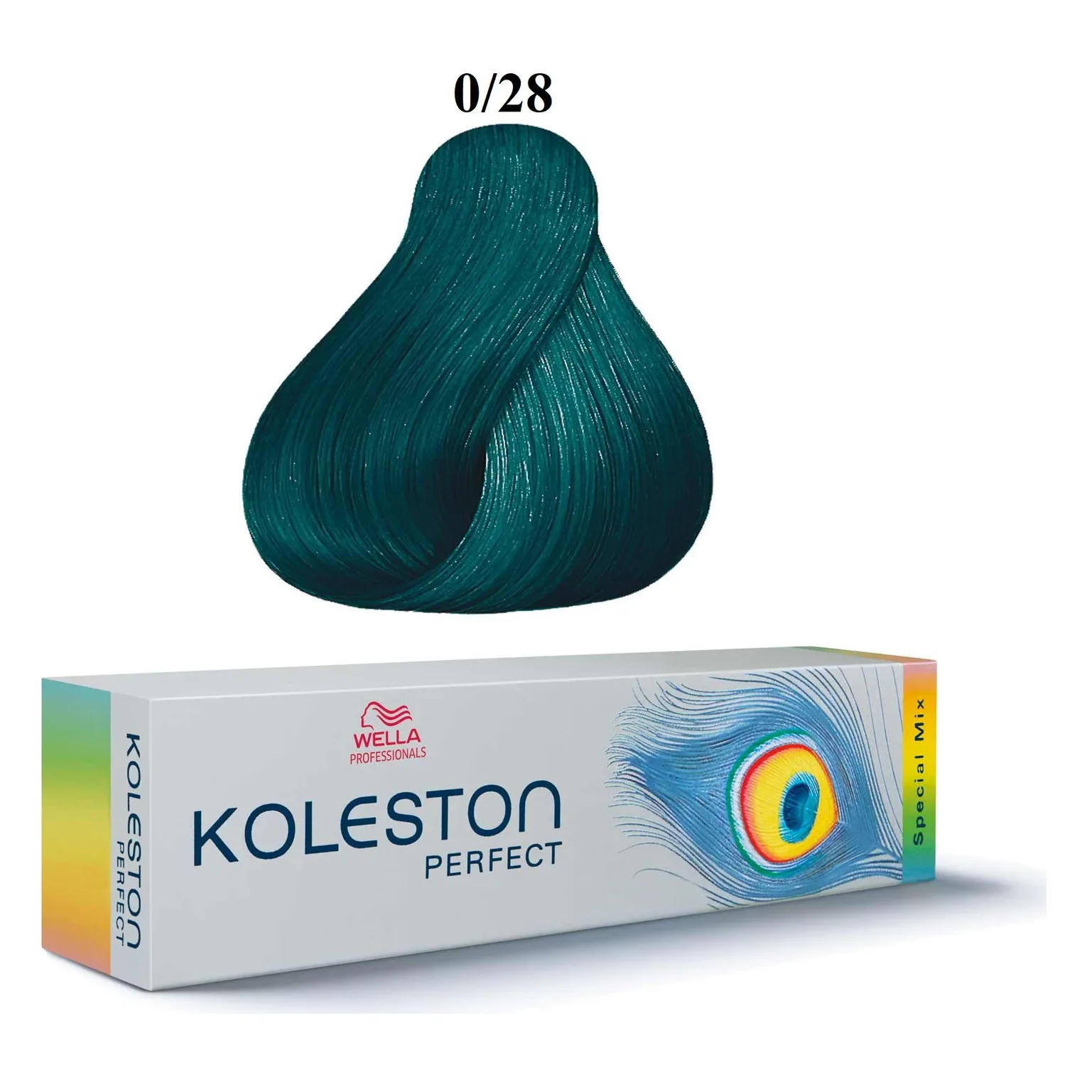 Mixton Wella Koleston Perfect Special Mix 0/28, 60 ml Mostră de păr verde-albăstrui a nuanței 0/28 deasupra cutiei Koleston Perfect Special Mix