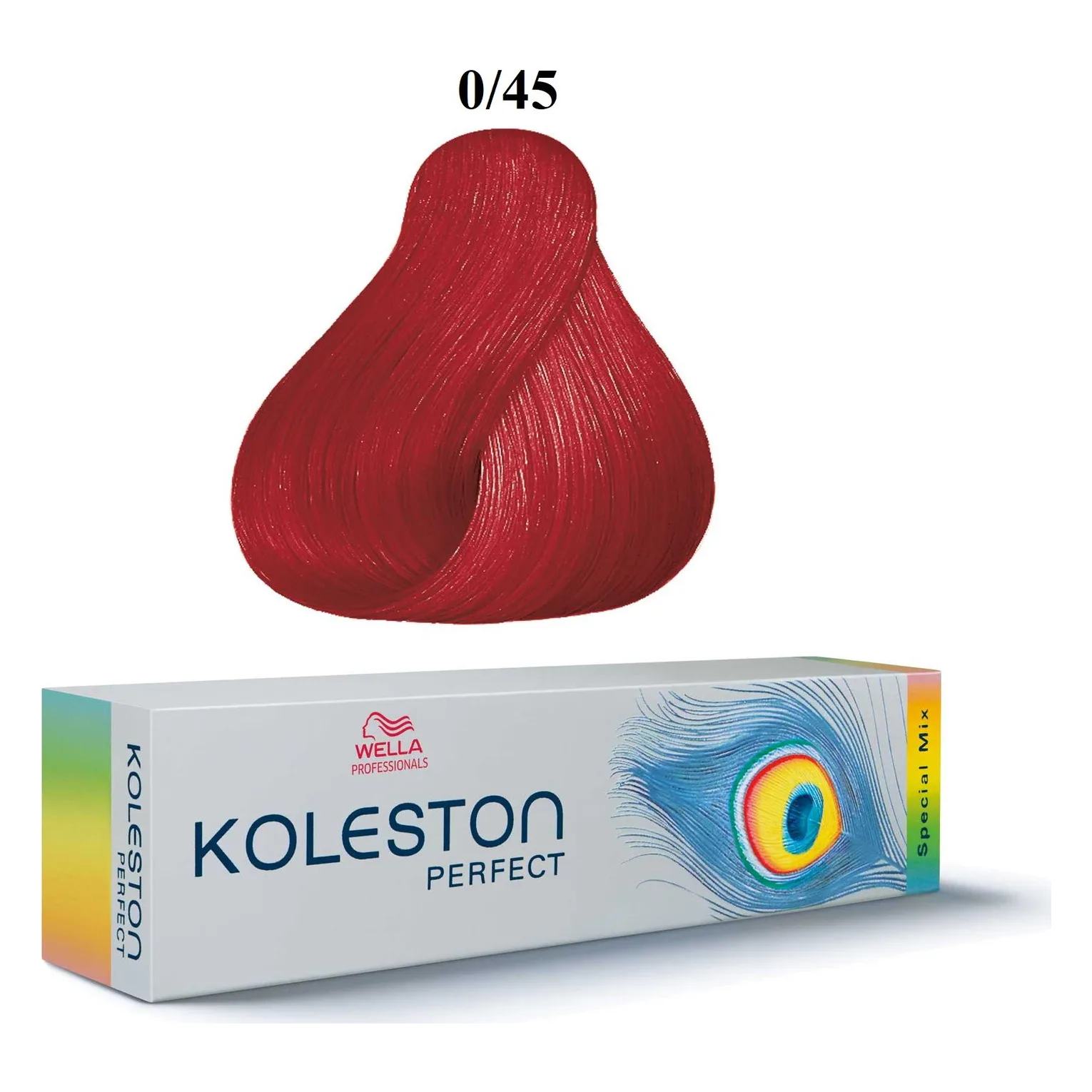 Mixton Wella Koleston Perfect Special Mix 0/45, 60 ml Mostră de păr roșu aprins a nuanței 0/45 deasupra cutiei Koleston Perfect Special Mix