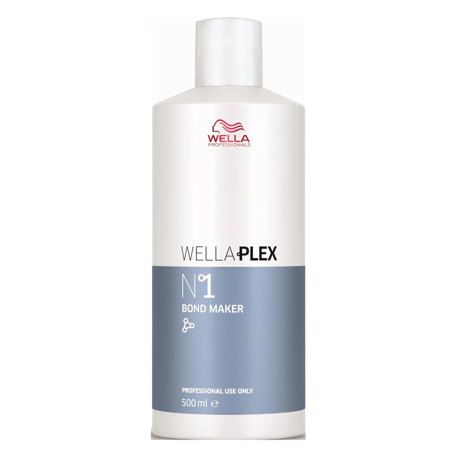 WellaPlex N°1 Bond Maker 500 ml, Wella Professionals Flacon alb WellaPlex N°1 Bond Maker de 500 ml, cu banda albastră și capac alb